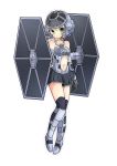  1girl bangs bare_shoulders black_skirt commentary_request eyebrows_visible_through_hair full_body green_eyes grey_hair highres inon looking_at_viewer navel over-kneehighs parted_lips personification pleated_skirt short_hair simple_background skirt solo star_wars thigh-highs tie_fighter white_background 
