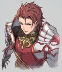  1boy armor character_request gauntlets granblue_fantasy grey_background haoni looking_at_viewer male_focus parted_lips pauldrons red_eyes redhead simple_background smile solo upper_body vira_lilie 