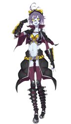  1girl ahoge formation_girls full_body goggles goggles_on_head hand_over_face highres looking_at_viewer malissa_flint midriff navel purple_hair short_hair smile solo transparent_background yellow_eyes ze_(sawakihein) 