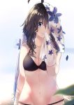  1girl absurdres ahoge bandage bandaged_arm beach bikini black_bikini black_hair blue_eyes blue_flower blurry_foreground breasts cleavage collarbone commentary_request covering_mouth flower groin highres looking_at_viewer medium_breasts midriff navel original out-of-frame_censoring outdoors short_hair_with_long_locks smile solo soranagi_yuki swimsuit towel towel_on_head upper_body 