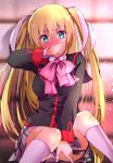  1girl black_blazer blazer blonde_hair blue_eyes blush bow ca2la covering_mouth feet_out_of_frame grey_skirt jacket little_busters!! long_hair looking_at_viewer nose_blush pink_bow plaid plaid_skirt school_uniform sitting skirt socks solo tokido_saya twintails white_legwear wiping_face 