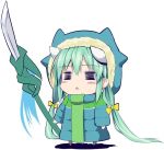  1girl =_= blue_jacket bow chibi fate/grand_order fate_(series) green_hair hair_bow hood hoodie horns jacket kiyohime_(fate/grand_order) long_hair long_sleeves polearm sen_(astronomy) simple_background solo triangle_mouth weapon white_background yellow_bow 