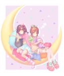  2girls abe_nana animal_ears animal_slippers aqua_ribbon bangs bead_bracelet beads blue_skirt blush bracelet braid brown_eyes brown_hair bunny_slippers cat_ears cat_pillow commentary_request confetti crescent_moon drop_shadow earrings floral_print frilled_pillow frilled_skirt frills fur-trimmed_shorts green_eyes hair_ornament hair_ribbon hairpin half-closed_eyes heart heart_pillow idolmaster idolmaster_cinderella_girls jewelry kisaki_minami kneehighs maekawa_miku moon multiple_girls over-kneehighs pillow ponytail print_footwear purple_background red_footwear red_ribbon ribbon sidelocks sitting sitting_on_moon skirt sleepy slippers sock_garters striped striped_legwear stuffed_animal stuffed_bunny stuffed_toy thigh-highs white_legwear 