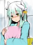  1girl blush fate/grand_order fate_(series) green_hair holding holding_pillow horns japanese_clothes kimono kiyohime_(fate/grand_order) long_hair long_sleeves open_mouth pillow solo sweat yellow_eyes 