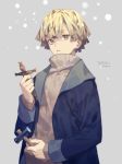  1boy agatsuma_zenitsu blonde_hair blue_coat bright_pupils brown_sweater coat dated grey_background hammer holding kimetsu_no_yaiba latin_cross long_sleeves looking_at_viewer male_focus open_clothes open_coat parted_lips ribbed_sweater signature snowing solo sweater upper_body yamakawa yellow_eyes 