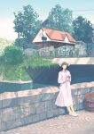  1girl black_hair blue_eyes bridge cobblestone day dress flower gemi hat highres lamppost leaning long_hair looking_at_viewer moss original outdoors power_lines scenery shaved_ice shoes side_glance sneakers standing tree water white_dress white_footwear white_hat 