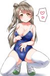  1girl \||/ bangs blue_swimsuit blush breasts cleavage collar_tug collarbone commentary_request competition_school_swimsuit grey_hair hand_on_own_stomach heart highres large_breasts long_hair love_live! love_live!_school_idol_project minami_kotori one_side_up school_swimsuit shoes smile solo spoken_heart spread_legs squatting swimsuit thigh-highs uwabaki white_background white_legwear yellow_eyes yopparai_oni 