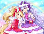  2girls :d aisaki_emiru bangs bare_shoulders beamed_sixteenth_notes blunt_bangs bow bowtie commentary_request cure_amour cure_macherie double_bun dress drill_hair earrings eighth_note frilled_dress frills gloves gradient gradient_background gradient_eyes hand_holding headdress heart hugtto!_precure jewelry long_hair looking_at_another magical_girl multicolored multicolored_eyes multiple_girls musical_note open_mouth pointing pointing_up precure puffy_short_sleeves puffy_sleeves purple_hair rainbow ruru_amour short_sleeves signature smile sparkle treble_clef twin_drills upper_body uta_(yagashiro25) very_long_hair violet_eyes white_gloves 