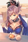  1girl blue_eyes blush breasts brown_hair chair chopsticks cleavage collarbone eyebrows_visible_through_hair fate/grand_order fate_(series) highres holding holding_chopsticks hopepe large_breasts looking_at_viewer medium_hair miyamoto_musashi_(fate/grand_order) parted_lips sitting solo table udon upper_body 