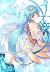  1girl bare_shoulders blue_hair blush bouquet bride dress elbow_gloves fire_emblem fire_emblem:_rekka_no_ken fire_emblem_heroes flower formal gloves hair_flower hair_ornament hinot jewelry long_hair mamkute ninian red_eyes simple_background smile solo strapless strapless_dress veil wedding wedding_dress white_dress white_gloves 