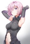  1girl armpits arms_up black_gloves breasts breasts_apart elbow_gloves fate/grand_order fate_(series) gloves gradient gradient_background hair_over_one_eye highres looking_at_viewer mash_kyrielight medium_breasts navel navel_cutout pink_hair short_hair sideboob solo stomach sunhyun violet_eyes 