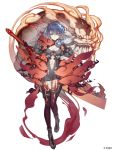  &gt;:&lt; 1girl absurdres alice_(sinoalice) blue_hair brooch dark_persona full_body hair_ornament half-nightmare highres huge_weapon jewelry ji_no looking_at_viewer multicolored multicolored_skin navel navel_cutout official_art pale_skin red_eyes red_skin reverse_grip short_hair sinoalice solo sword tattoo weapon white_background 