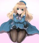  1girl absurdres atago_(kantai_collection) beret black_gloves black_legwear blonde_hair blue_hat breasts gloves green_eyes hat heart highres jacket kantai_collection long_hair long_sleeves medium_breasts military military_uniform pantyhose redundant-cat sitting skirt smile solo uniform 