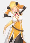  1girl anarchojs armor blonde_hair blush bodystocking caramelldansen closed_eyes dancing darkness_(konosuba) hair_ornament highres kono_subarashii_sekai_ni_shukufuku_wo! ponytail simple_background solo x_hair_ornament 