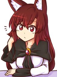  1girl animal_ears breasts brooch brown_hair collarbone commentary dress english_commentary eyebrows_visible_through_hair eyelashes hair_between_eyes hand_in_hair hand_up image_sample imaizumi_kagerou jewelry long_hair long_sleeves looking_at_viewer medium_breasts red_eyes simple_background solo touhou tumblr_sample upper_body white_background white_dress wolf_ears wool_(miwol) 