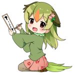  1girl :d animal_ears bangs blush brown_eyes brown_footwear brown_legwear calligraphy_brush character_request commentary_request eyebrows_visible_through_hair floral_print flower green_hair green_shirt hair_between_eyes hair_flower hair_ornament holding holding_paintbrush kemono_friends long_sleeves looking_at_viewer looking_to_the_side lowres makuran multicolored_hair open_mouth orange_hair paintbrush pantyhose pink_flower pink_skirt pleated_skirt print_skirt seiza shirt shoes simple_background sitting skirt smile solo tail two-tone_hair white_background wide_sleeves 
