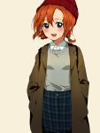  1girl :d alternate_hairstyle beanie beige_background blue_skirt blush braid brown_coat casual coat collared_shirt grey_shirt hair_between_eyes hair_tie hands_in_pockets hat jewelry kisaki_minami kousaka_honoka long_sleeves looking_at_viewer love_live! love_live!_school_idol_project necklace open_mouth orange_hair plaid plaid_skirt red_hat shirt simple_background skirt smile solo twin_braids upper_teeth 