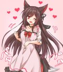  1girl ;d amagi_(amagi626) animal_ears apron black_bow black_choker blush bow breasts brown_hair choker cleavage clenched_hand collarbone commentary_request dress eyebrows_visible_through_hair fang feet_out_of_frame frilled_apron frills gradient gradient_background hair_between_eyes hair_bow head_tilt heart heart_apron highres imaizumi_kagerou large_breasts long_hair looking_at_viewer one_eye_closed open_mouth pink_apron pink_background red_bow red_eyes short_sleeves sidelocks smile solo standing tail touhou translation_request very_long_hair white_dress wolf_ears wolf_tail 