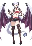  1girl bangs belt beltbra black_choker black_gloves black_legwear black_sclera black_shorts boots breasts brown_footwear brown_jacket choker closed_mouth contrapposto curled_horns demon_girl demon_horns demon_tail demon_wings fingerless_gloves gloves grey_hair holding horns jacket knee_boots large_breasts leash leg_belt lilim_(monster_girl_encyclopedia) long_hair looking_at_viewer maritan_(pixelmaritan) monster_girl_encyclopedia navel neck_ribbon original pointy_ears pouch red_eyes red_neckwear red_ribbon ribbon short_hair short_shorts shorts simple_background slit_pupils smile solo spread_wings standing sword tail tattoo thigh-highs vanessa_(lilim) weapon white_background wings 