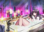  1girl ahoge bath bathing bathtub blush breasts bubble_bath candle closed_mouth commentary english_commentary faucet handheld_game_console hands_up holding huge_breasts long_hair looking_at_viewer messy_hair night nude original osiimi playing_games playstation_portable purple_hair solo violet_eyes 