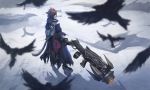  1boy animal_ears bird blurry_foreground brown_hair cat_ears cat_tail commission facial_hair facial_mark final_fantasy final_fantasy_xiv fingerless_gloves from_above from_behind gloves gun highres holding holding_gun holding_weapon long_coat machinist_(final_fantasy) male_focus miqo&#039;te motion_blur nguyen_uy_vu outdoors red_eyes shadow snow solo spiky_hair standing tail weapon 