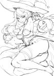  1girl ass breasts character_request commentary elbow_gloves feet_out_of_frame floating_hair gloves granblue_fantasy greyscale halloween haoni hat jack-o&#039;-lantern looking_at_viewer medium_breasts monochrome parted_lips simple_background sketch smile solo thigh-highs white_background witch_hat 