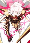  1boy armor black_bodysuit black_gloves blue_eyes bodysuit chains closed_mouth expressionless fate/apocrypha fate/grand_order fate_(series) gloves highres holding holding_staff karna_(fate) looking_at_viewer male_focus messy_hair solo spikes staff susuggang white_hair 