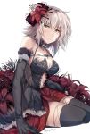  1girl armlet bangs bare_shoulders black_dress black_gloves black_legwear blush bow breasts choker cleavage collarbone dress elbow_gloves eyebrows_visible_through_hair fate/grand_order fate_(series) flower gloves hair_between_eyes hair_bow hair_flower hair_ornament hirai_yuzuki jeanne_d&#039;arc_(alter)_(fate) jeanne_d&#039;arc_(fate)_(all) jewelry large_breasts looking_at_viewer navel navel_cutout pendant red_skirt short_hair silver_hair simple_background sitting skirt solo thigh-highs thighs twitter_username white_background yellow_eyes 