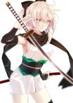  1girl black_bow black_legwear black_scarf bow breasts cowboy_shot detached_sleeves eyebrows_visible_through_hair fate/grand_order fate_(series) grey_eyes hair_between_eyes hair_bow highres holding holding_sheath japanese_clothes katana kimono kimono_skirt long_hair medium_breasts obi okita_souji_(fate) ponytail sash satsukinapo scarf sheath short_hair sideboob silver_hair simple_background sleeveless sleeveless_kimono solo standing sword thigh-highs unsheathed weapon white_background white_kimono 