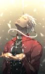  1boy archer closed_eyes dark_skin dark_skinned_male fate/stay_night fate_(series) hands_together highres light light_particles looking_up male_focus muscle noose parted_lips rope solo upper_body white_hair zelovel 