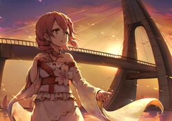  1girl bangs bare_shoulders braid bridge brown_hair flower hand_up haoni long_hair long_sleeves looking_to_the_side off_shoulder outdoors river sergestid_shrimp_in_tungkang single_braid sky solo standing sunset twilight wide_sleeves xuan_ying 