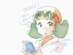  1girl 2017 closed_mouth crystal_(pokemon) dated game_boy green_eyes grey_hair handheld_game_console hat highres holding jacket looking_at_viewer muneondo playing_games pokemon pokemon_(game) pokemon_gsc red_shirt shirt simple_background smile solo speech_bubble translation_request twintails upper_body white_background white_jacket yellow_hat 