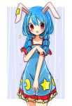  1girl animal_ears bangs blush commentary_request covered_navel cowboy_shot crescent dress highres inon long_hair looking_at_viewer open_mouth rabbit_ears red_eyes seiran_(touhou) short_sleeves solo star sweat touhou twintails 