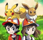  1boy 1girl :3 baseball_cap black_hair brown_eyes brown_hair closed_mouth commentary creature deviantart_username english_commentary face female_protagonist_(pokemon_lgpe) gen_1_pokemon gooompy hat looking_at_viewer male_protagonist_(pokemon_lgpe) outdoors pokemon_(creature) pokemon_lgpe pokemon_on_head signature smile 