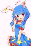  1girl animal_ears bangs blue_hair blush bunny_tail dress eyebrows_visible_through_hair hand_up highres inon looking_at_viewer low_twintails open_mouth pink_eyes puffy_short_sleeves puffy_sleeves rabbit_ears seiran_(touhou) short_sleeves solo star tail touhou twintails 