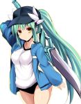  1girl baseball_cap black_hat blue_jacket blush breasts buruma fate/grand_order fate_(series) green_hair hat horns jacket kiyohime_(fate/grand_order) large_breasts long_hair long_sleeves looking_at_viewer polearm ponytail sen_(astronomy) shirt simple_background sleeves_past_wrists smile solo striped_jacket track_jacket weapon white_background white_shirt yellow_eyes 