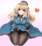  1girl absurdres atago_(kantai_collection) beret black_gloves black_legwear blonde_hair blue_hat breasts gloves green_eyes hat heart highres jacket kantai_collection long_hair long_sleeves medium_breasts military military_uniform pantyhose redundant-cat sitting skirt smile solo uniform 