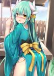  1girl aqua_kimono ass blush bow bucket fate/grand_order fate_(series) fence green_hair horns japanese_clothes kimono kiyohime_(fate/grand_order) long_hair long_sleeves looking_at_viewer open_mouth outdoors pulling sen_(astronomy) smile solo sweat thighs well yellow_bow yellow_eyes 