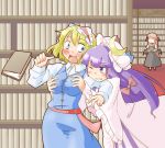  3girls :d ;d alice_margatroid arnest bangs bat_wings belt blonde_hair blue_eyes blunt_bangs blush book book_stack bookshelf bow breast_grab breasts commentary_request cowboy_shot crescent crescent_moon_pin dress dress_shirt dropping full_body grabbing grabbing_from_behind grin hair_ribbon hairband hat hat_bow head_wings holding holding_book koakuma library lolita_hairband long_hair long_sleeves looking_at_another low_wings medium_breasts mob_cap multiple_girls necktie one_eye_closed open_mouth patchouli_knowledge puffy_short_sleeves puffy_sleeves purple_dress purple_hair red_neckwear redhead ribbon shirt short_hair short_sleeves sidelocks skirt skirt_set smile striped striped_dress surprised touhou tress_ribbon vertical_stripes very_long_hair vest violet_eyes voile walk-in white_shirt wide_sleeves wings yuri 