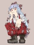  1girl bangs blush boots bow chin_rest closed_mouth collared_shirt dress_shirt foreshortening fujiwara_no_mokou hair_bow hair_ribbon hand_on_own_cheek head_rest lavender_background long_hair long_sleeves looking_at_viewer ofuda pants red_eyes ribbon shirt silver_hair simple_background sinchan1228 solo squatting suspenders touhou very_long_hair white_shirt 