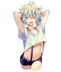  1boy :d arms_behind_back bare_shoulders black_shorts blue_hair commentary copyright_request cowboy_shot cropped_legs hands_up looking_at_viewer midriff navel open_mouth orange_eyes shirt short_hair short_sleeves shorts simple_background smile solo suspender_shorts suspenders white_background white_shirt yamakawa 