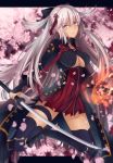  1girl bangs black_legwear breasts cherry_blossoms cleavage dark_skin dress eyebrows_visible_through_hair fate/grand_order fate_(series) fire floating_hair grey_eyes hair_between_eyes highres holding holding_sheath holding_sword holding_weapon katana long_hair looking_at_viewer majin_saber medium_breasts pleated_dress sheath short_dress silver_hair solo sword tanaji thigh-highs thigh_strap under_boob very_long_hair weapon 