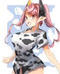  1girl :d animal_print breasts clenched_hand cow_print cowboy_shot fang highres horns kasuka_(kusuki) large_breasts long_hair looking_at_viewer naked_shirt open_mouth original pointy_ears red_eyes shirt short_sleeves slit_pupils smile solo standing twintails 