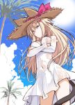  1girl animal_ears bare_shoulders black_choker blonde_hair blue_eyes blue_sky bow breasts cat_ears cat_tail choker contrapposto covered_navel cowboy_shot crossed_arms day detached_sleeves dress ears_through_headwear halterneck hat hat_bow highres large_breasts long_hair long_sleeves looking_at_viewer oota_yuuichi original outdoors palm_tree pink_bow see-through sketch sky slit_pupils solo standing straw_hat sundress tail tree white_dress 