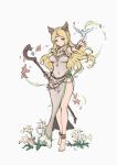  1girl animal_ears anklet armlet barefoot bird bird_on_hand blonde_hair blush breasts character_request circlet cleavage closed_mouth commentary_request flower flower_request granblue_fantasy grey_background hand_up haoni holding holding_staff jewelry long_hair medium_breasts navel simple_background solo staff standing white_flower 