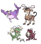  cactus_(pokemon) capsule_monsters clenched_hand commentary creature crocky deer_(pokemon) english_commentary gen_1_pokemon gerp jug_(pokemon) no_humans pokemon pokemon_(creature) pokemon_rgby_beta shark signature simple_background spikes white_background white_hair 