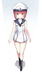  1girl bangs black_legwear blunt_bangs blush bottomless brown_hair eyebrows_visible_through_hair full_body gradient gradient_background hat kagami_(galgamesion) kantai_collection long_hair looking_at_viewer red_eyes shadow shirt short_hair sleeveless sleeveless_shirt solo standing white_hat z3_max_schultz_(kantai_collection) 