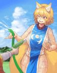  2girls :d absurdres animal_ears blonde_hair blurry blurry_foreground blush breasts chanta_(ayatakaoisii) chen clouds commentary_request day depth_of_field fox_ears fox_tail gem highres huge_breasts long_sleeves multiple_girls multiple_tails one_eye_closed open_mouth outdoors pinky_out red_vest shirt short_hair short_sleeves shorts slit_pupils smile solo_focus standing tabard tail touhou vest water water_gun wet wet_clothes wet_shirt white_shorts yakumo_ran yellow_eyes 