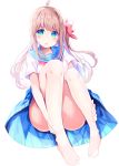  1girl :o antenna_hair bad_feet bangs bare_legs barefoot blue_eyes blue_sailor_collar blue_skirt blush bow breasts brown_hair chikuwa. commentary_request convenient_leg eyebrows_visible_through_hair green_eyes hair_bow highres long_hair looking_at_viewer medium_breasts multicolored multicolored_eyes one_side_up original parted_lips pleated_skirt red_bow red_neckwear sailor_collar school_uniform serafuku shirt short_sleeves simple_background sitting skirt solo very_long_hair white_background white_shirt 