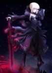  1girl absurdres artoria_pendragon_(all) black_bow black_dress black_footwear boots bow breasts cleavage cutout dark_excalibur dress fate/stay_night fate_(series) full_body hair_bow hand_on_hilt high_heel_boots high_heels highres looking_at_viewer magic_circle medium_breasts outstretched_arm pixiv_fate/grand_order_contest_2 saber_alter short_hair_with_long_locks sidelocks silver_hair sleeveless sleeveless_dress smile solo sparkle standing yellow_eyes 